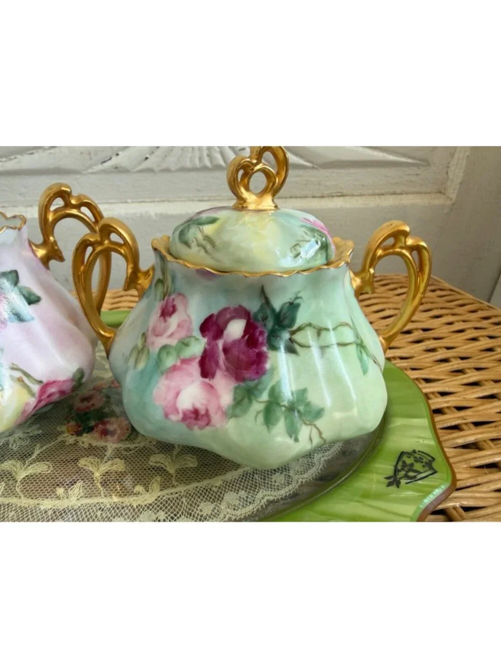 Vintage 40's Hand Painted Floral Porcelain Sugar and Greamer Set Gold Accent